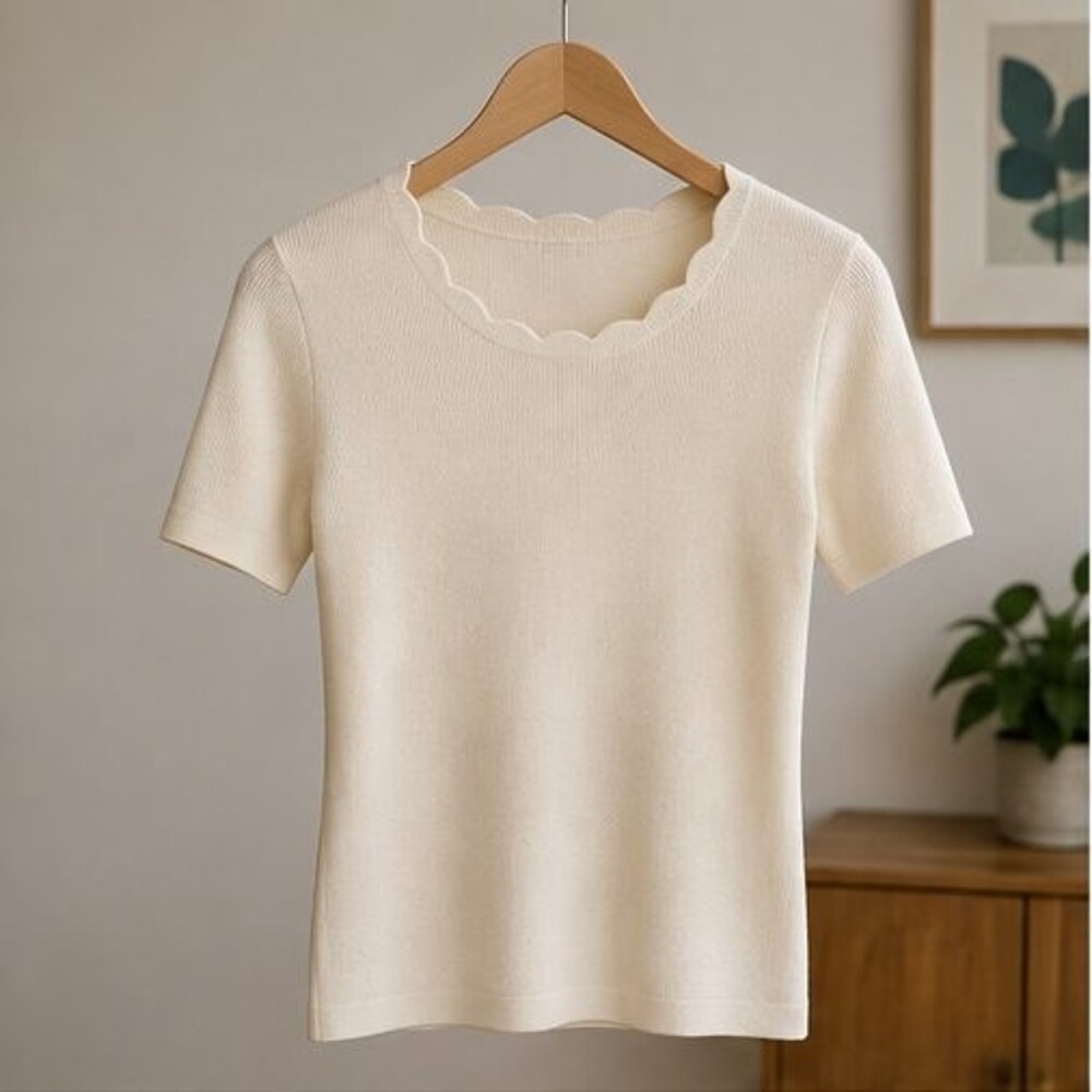 Cream Scallop Neck Knit Top
